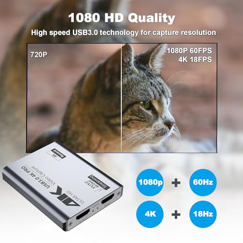 USB 3.0 4K Video Capture Card for PS5/Switch/Xbox/PC | 1080P60Hz/2K30Hz/4K18Hz Capture, 4K60Hz HDMI Loop-Out, High-Speed Interface, OBS Compatible, Near-Zero Latency, Plug & Play