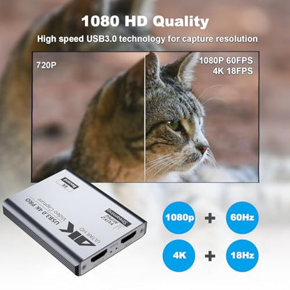 USB 3.0 4K Video Capture Card for PS5/Switch/Xbox/PC | 1080P60Hz/2K30Hz/4K18Hz Capture, 4K60Hz HDMI Loop-Out, High-Speed Interface, OBS Compatible, Near-Zero Latency, Plug & Play