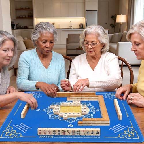 Mahjong Mat with Rules, 32.2 Inch Square Mahjong Mats for Table, Noise Reduction Mah Jong Mat, Rubber Anti-Slip Base for Board Games, Tiles Game & Dominoes Blue Flowers - color: Blue Flowers