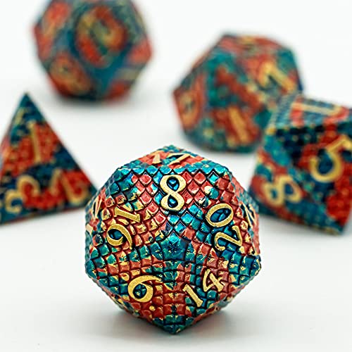 UDIXI Metal Dice Set, Dragon Scale D&D Metal DND Dice for Role Playing Game | 7PCS, Solid Metal, Metal Dice Box, DM Gift, for Dungeons and Dragons RPG Tabletop Games Board Games - color: Dragon Scale-orange and Blue