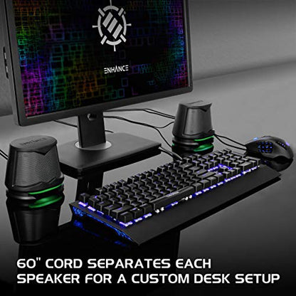 ENHANCE SB2 USB Computer Speakers, 2.0 Stereo with Green LED Lighting, 10W Peak High Excursion Drivers, 3.5 mm Aux, in Line Volume and Light Switch, PC Laptop Desktop - color: Green