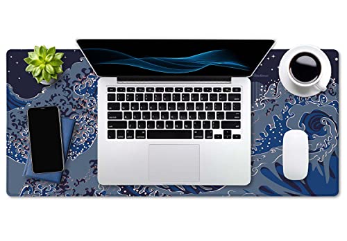 SSOIU Nightscape with Big Ocean Waves Mouse Pad 35.5 X 15.7 Inch XXL Modern Full Desk Mousepad Extended Large Non-Slip Rubber Base Waterproof Big Keyboard Mat with Stitched Edges for Gaming and Office - color: Nightscape With Big Ocean Waves