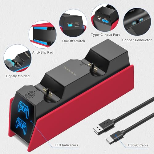 Controller Charger Station Compatible with Play 5 Faceplates Edge & Dual Controller, 9 Lightings P 5 Accessories Charging Station, P 5 Dock Stand with LED Indicator & On-Off Switch, Volcanic Red for PlayStation Consoles - color: Volcanic Red
