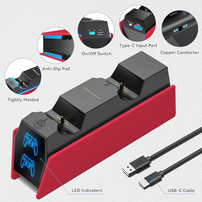 Controller Charger Station Compatible with Play 5 Faceplates Edge & Dual Controller, 9 Lightings P 5 Accessories Charging Station, P 5 Dock Stand with LED Indicator & On-Off Switch, Volcanic Red for PlayStation Consoles - color: Volcanic Red
