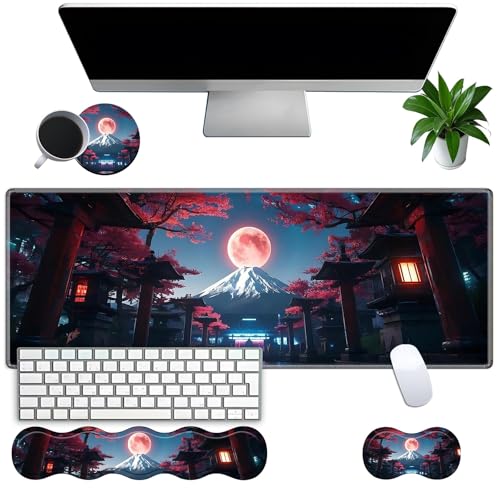 Large Gaming Mouse Pad Set with Wrist Support – 31.5" x 11.8" 4-in-1 XXL Mousepad with Keyboard Wrist Rest, Mouse Wrist Rest & Coaster – Ergonomic Desk Mat for Office, Home – Japanese Full Moon - color: Japanese Full Moon