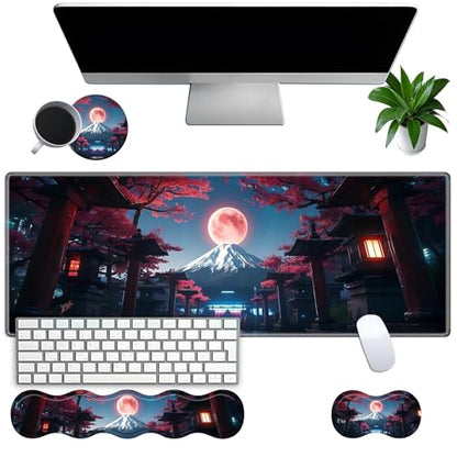 Large Gaming Mouse Pad Set with Wrist Support – 31.5" x 11.8" 4-in-1 XXL Mousepad with Keyboard Wrist Rest, Mouse Wrist Rest & Coaster – Ergonomic Desk Mat for Office, Home – Japanese Full Moon - color: Japanese Full Moon
