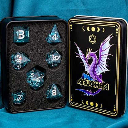 ARUOHHA Liquid Core DND Dice Set, 7pcs Resin Blue Sharp Edged Dragons Dice Compatible with D&D Role Playing Games, Handmade RPG Koi Fish Dungeons Polyhedral Dice Set D20 D12 D10 D8 D6 D4 - color: Hy-blue
