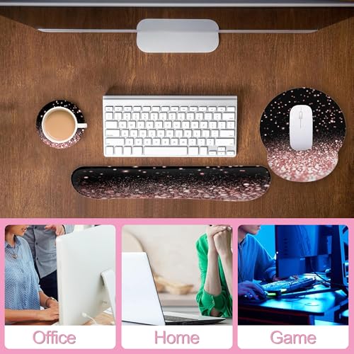 Rose Gold Glitter Mouse Pad with Wrist Rest and Keyboard Wrist Rest Set, Non-Slip Rubber Base Memory Foam Mouse Pad Set for Women, Office Desk Accessories, Gaming - color: Rose Gold Glitter