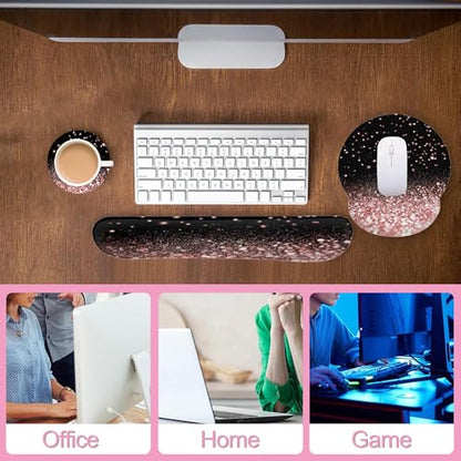 Rose Gold Glitter Mouse Pad with Wrist Rest and Keyboard Wrist Rest Set, Non-Slip Rubber Base Memory Foam Mouse Pad Set for Women, Office Desk Accessories, Gaming - color: Rose Gold Glitter