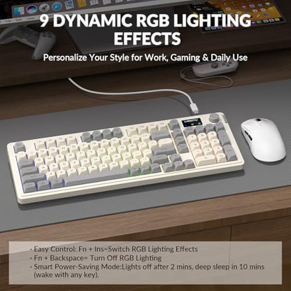 L98 Gaming Keyboard Wired, Cute Creamy Keyboard with Number Pad, Media Knob RGB Backlit, Quiet Office Computer Keyboards for PC Mac Laptop (Creamy Gray - Wired)
