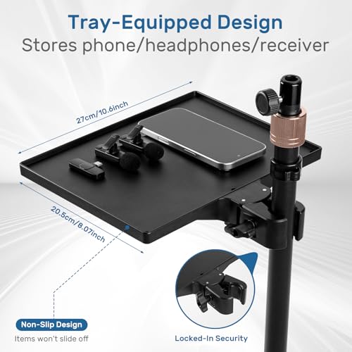 Microphone Stand Floor with Tray & Boom Arm, 5.5lbs Weighted Base | Height Adjustable Studio/Podcast Mic Stand w/ 3/8'' to 5/8'' Adapter & 2 Mic Clips Compatible with Blue Yeti QuadCast AT2020