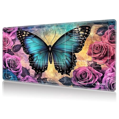 Playmat for MTG, Game Play Mat with Zones for MTG TCG Card Game Playing 24 x 14 inches Trading Card Game Playmats Non-Slip Rubber Base and Stitched Mousepad Desk Mats, Blue Butterfly Roses - color: Blue Butterfly Roses, size: Zones