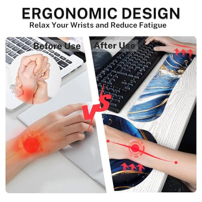 Britimes Blue and Gold Marble Keyboard Mouse Pad Set 4in1 Large Mousepad+Keyboard Wrist Rest+Mouse Wrist Rest+Coaster Set with Ergonomic Design for Home Office Computer 35.4x15.7 inches - color: Blue and Gold Marble