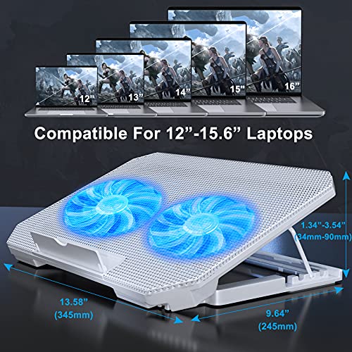 LIENS Laptop Cooling Pad with Adjustable Height Two 5.1 Inches Fan 2 USB Ports Suitable for 12"-15.6" Laptops（White） - color: white