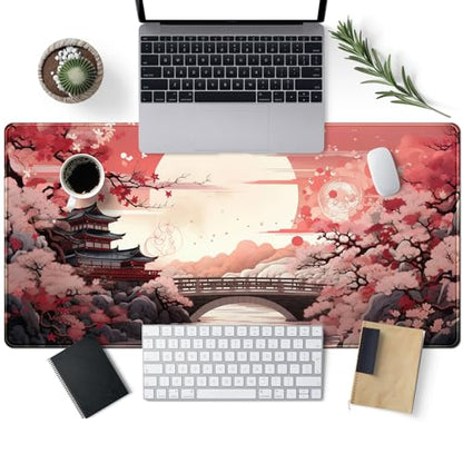 Pink Full Moon Desk Mat Japanese Sakura Blossom Large Mouse Pad Extended Japan Aesthetic Gaming Mousepad XXL Keyboard Pad Mouse Mat 31.5''X15.7'' Desk Pad Office Decor - color: Pink Full Moon