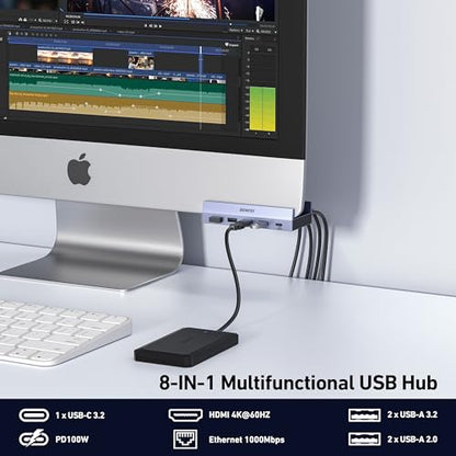 BENFEI 8-in-1 USB C Hub with Secure Clamp – Features 4K@60Hz HDMI, Gigabit Ethernet, 100W PD, 10Gbps 1x USB-C, 2 x USB-A 3.2, 2 x USB-A 2.0 Compatible with MacBook, iPad Pro, iMac, S23, XPS17 - color: Gray, size: 8-in-1