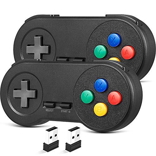 SAFFUN (2 Pack) 2.4GHz Wireless USB SNES Style Controller Compatible with Super Retro Games, Game pad for Windows PC Mac Linux Raspberry Pi Emulator [Rechargeable] [Plug & Play] - color: Black