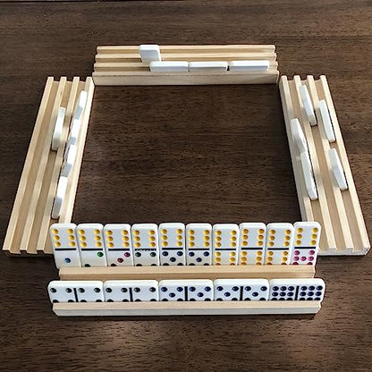 Yuanhe Domino Trays Holders Rack - Set of 4 Wooden Tiles Stand Holders Dimonos Boards for Mexican Train Rummy Chickenfoot - style: 4 Pack