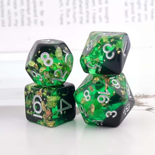 Haxtec DND Dice Set, 7 Pcs Gold Foil Resin Polyhedral Dice for Table Game | Green Black D&D Dice for Role Playing Games with Velvet Pouch, Compatible with Dungeons and Dragons, Gifts for DM Masters - color: Green Black