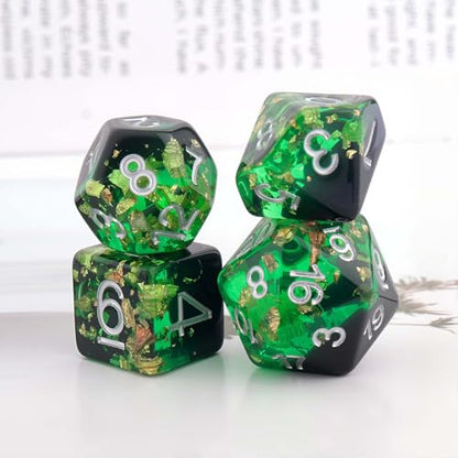 Haxtec DND Dice Set, 7 Pcs Gold Foil Resin Polyhedral Dice for Table Game | Green Black D&D Dice for Role Playing Games with Velvet Pouch, Compatible with Dungeons and Dragons, Gifts for DM Masters - color: Green Black