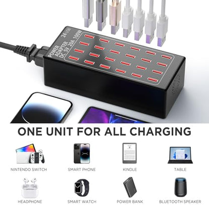 24-Port 100 watt (20 A) Charging Station for Multiple Devices, Phone Charging Station with Rapid Charging, Multiple USB Charger Station for Hotels, Schools, Shops, Shopping Malls and Travel