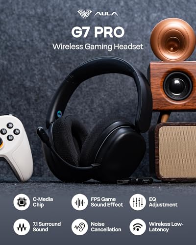 EPOMAKER X Aula G7 Pro Wireless Gaming Headset, Dual Mode BT5.3 & 2.4GHz | 7.1 Surround Sound, 80+ Hour Battery, RGB Light, with Noise Canceling Mic for PS5, PS4, Switch, PC (Black) - color: Black