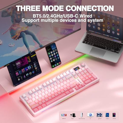 AULA S98 Pro Wireless Mechanical Keyboard with Screen & Knob,2.4GHz/USB-C/BT5.0 Hot Swappable Pink Creamy Keyboard,Pre-lubed Linear Switches,Side Printed PBT Keycaps,RGB Backlit Gaming Keyboards - color: Side Printed Pink