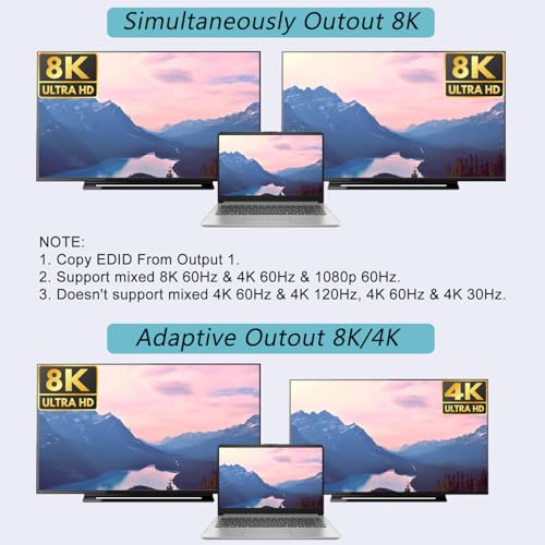 8K@60Hz HDMI Splitter 1 in 4 Out, 1x4 HDMI 2.1 Splitter Support 4K@120Hz, 1080P@240Hz VRR HDCP2.3 HDR 10, 48Gbps EDID Dolby Atmos 7.1ch - size: 1x4