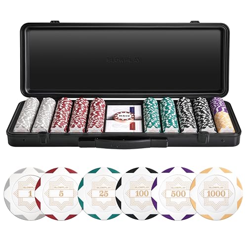 SLOWPLAY Nash Clay Poker Set, 14g&40mm Poker Chips for Texas Hold'em | White Gold Edition; 500 pcs Numbered Full Set; premium case with PC Shell; clay composite poker chips; Art Deco style - color: White Gold, size: 500PCS Numbered Full Set (1,5,25,100,50