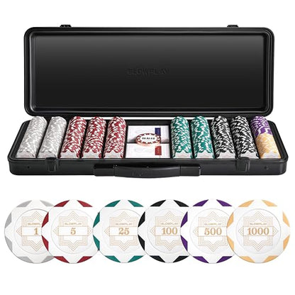 SLOWPLAY Nash Clay Poker Set, 14g&40mm Poker Chips for Texas Hold'em | White Gold Edition; 500 pcs Numbered Full Set; premium case with PC Shell; clay composite poker chips; Art Deco style - color: White Gold, size: 500PCS Numbered Full Set (1,5,25,100,50
