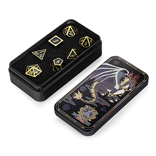 DNDND Metal Dice Set D&D, 7 die Metallic Polyhedral Dice Set with Gift Metal Box and Gold Number for DND Dungeons and Dragons Role Playing Games (Black and Gold) - color: Black With Gold