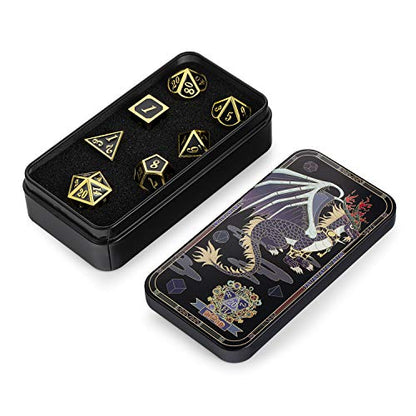 DNDND Metal Dice Set D&D, 7 die Metallic Polyhedral Dice Set with Gift Metal Box and Gold Number for DND Dungeons and Dragons Role Playing Games (Black and Gold) - color: Black With Gold