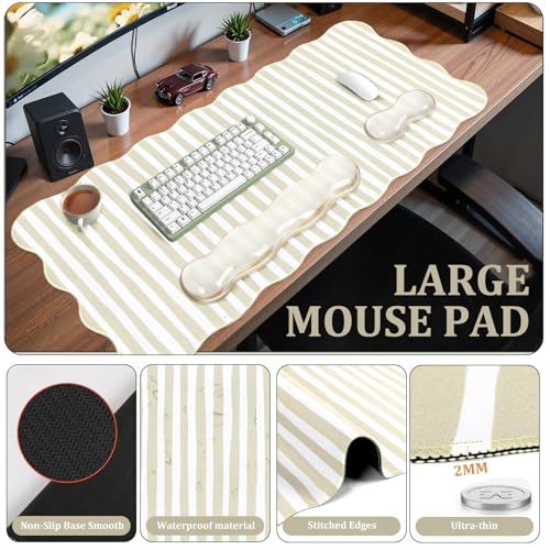 L-SPOUTTO Beige Striped Mouse Pad Set,Scalloped XXL Desk Mat + Ergonomic Mouse Wrist Rest + Gel Keyboard Wrist Rest for Keyboard 65%/75%,3in1 Large Desk Pad for Desktop Home Office Computer Game - color: Beige Striped