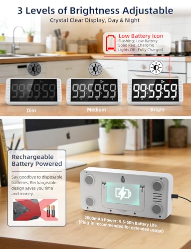 Large 7.8" Digital Timer with LED Display, Magnetic for Kitchen & Classroom | USB-C Rechargeable Timer with 99-Hour Count Up & Countdown, 3 Brightness Levels, 5 Alarm Sounds, 4 Volume Levels for Study - color: White