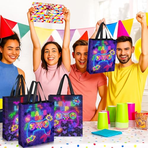 Sweetude 30 Pcs Video Game Gift Bag with Handle Game Party Supplies Reusable Gaming Neon Goody Bag, 2 Styles - style: Neon
