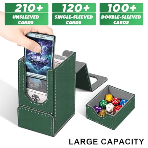 Card Deck Box for MTG Commander, Fits 100+ Double-Sleeved Cards Card Case | with Detachable Dice Tray, 2 Dividers, Removable lid, Trading Card Storage Box, Sturdy and Durable, Fits TCG/PTCG/Sports Card - color: Dark Green and Dark Gray
