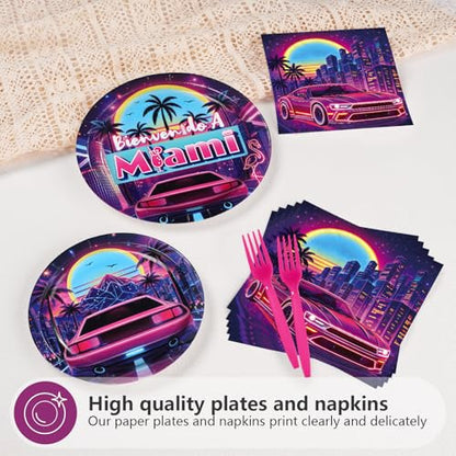 96 Pcs Bienvenido a Miami Party Decorations, Serves 24 | Retro Summer Disco Plates and Napkins Tropical Neon Tableware Set for Miami Birthday Summer Beach Disco Style Pool Party - style: Summer Neon Disco Plates m