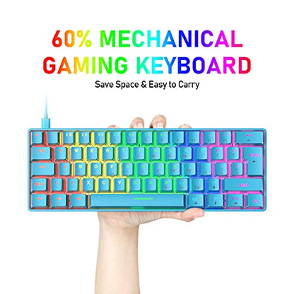 60% Mechanical Keyboard and Mouse Combo,Ergonomic Wrist Rest,6400 DPI Optical&65g Lightweight RGB Mouse,Compact Mini 62 Keys Chroma 20 Rainbow Backlit,Quiet Linear Switch for PC/Mac (Blue)