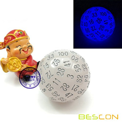 Bescon Glow in Dark Polyhedral Dice 100 Sides, Luminous D100 die, 100 Sided Cube, D100 Game Dice, Glowing 100-Sided Cube - color: Glowing Dim Dark Blue D100