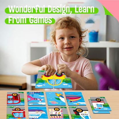 SpriteGru Vehicle Memory Game, 28 Chunky Cards Transportation Theme Head Tail Matching Game 1-5 Players Land/Water/Air Vehicles Memory Matching Game for Preschoolers, Toddlers, Kids - style: Vehicle