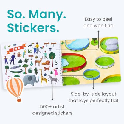 All Around Town 500+ Kids Sticker Book by Cupkin Fun Toddler Travel Activity Coloring and Sticker Book, Road Trip Essentials, 12 Coloring Pages 12 Side by Side Scenes for Ages 2–8 Years - color: All Around Town