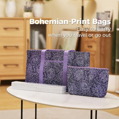 American Mahjong Tile Set with Purple Printed Carrying Bag, 166 Premium White Tiles, 4 All-in-One Color Racks/Pushers, Mah Jongg Sets, Complete Mahjong Game Set for Travel - color: Purple Print