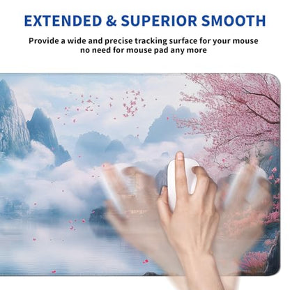 Cherry Blossom Watercolor Mouse Pad Abstract Big Mouse Pad 31.5x11.8 Inch Landscape Texture Non-Slip Rubber Base Large Mousepad Stitched Edges Keyboard Mouse Mat Desk Pad for Office and Home - color: Cherry Blossom Watercolor