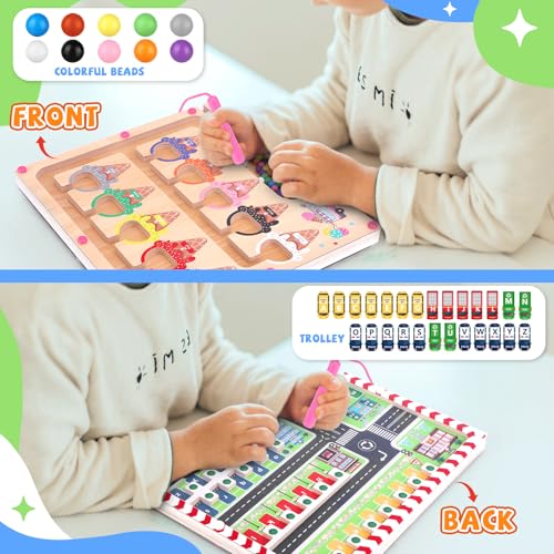 wakeInsa 2 in 1 Magnetic Color and Number Maze,Montessori Toy for 3-6 Years Old,Wooden Magnet Balls Puzzles,Toddler Busy Board Game,Preschool Learning Activities,Christmas & Birthday Gift for Kids - style: Magnet Toys - Ice Cream + Parking Lot