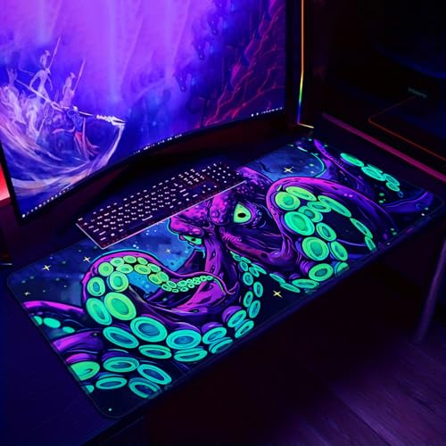 Simpkeely Blacklight Octopus Gaming Mouse Pad – UV Reactive Kraken Tentacles Desk Mat, Neon Glow in the Dark Waterproof Extended Mousepad with Non-Slip Rubber Base for Office & Home – 31.5" x 11.8" - color: Octopus