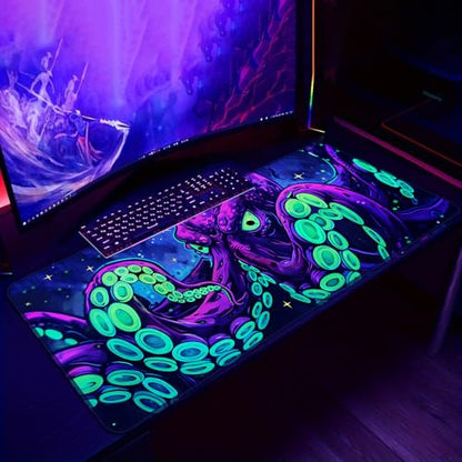 Simpkeely Blacklight Octopus Gaming Mouse Pad – UV Reactive Kraken Tentacles Desk Mat, Neon Glow in the Dark Waterproof Extended Mousepad with Non-Slip Rubber Base for Office & Home – 31.5" x 11.8" - color: Octopus
