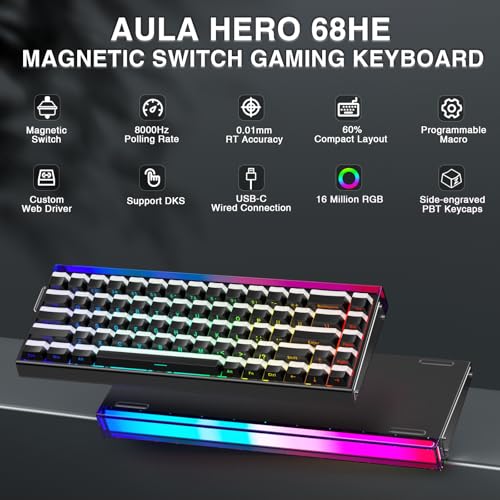 AULA Hero 68 HE 60% Gaming Keyboard Wired, Hall Effect Magnetic Switch Keyboard with 8K Hz Polling Rate, Side Printed PBT Keycaps, RGB Backlit Light Box, Customizable Web Software for PC/Mac Gamers - color: Black