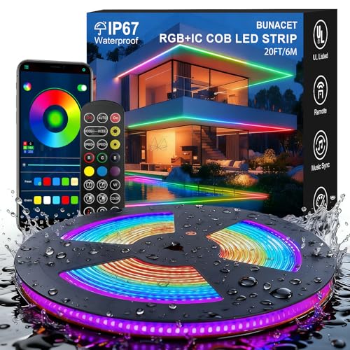 20FT COB RGB+IC LED Strip Lights, IP67 Outdoor 24V RGB LED Lights | for Bedroom with Remote Smart App Music Sync Color Changing for Garden Outdoor Decor Pool Patio Party DIY Decoration - size: 20FT