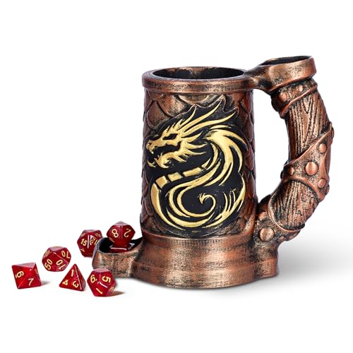 Dice Tower Mug, Dice Rolling Tower, Comes with 7 PCS Dice Set, Suitable for DND Dungeons and Dragons, Tabletop Games, Available As Drink Holder, D&D Gifts, DND Accessories (Dark Gold Dragon) - color: Dark Gold Dragon