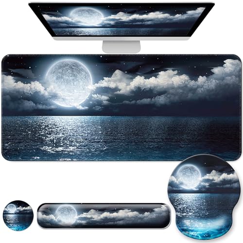 Desk Mat Set Keyboard and Mouse Pad with Wrist Rest Support | Ergonomic,Pain Relief, 4-in-1 Large Big Mousepad Computer Mats,Desk Pad Matt Mats for Desktop Home & Office - color: H-Night Sea